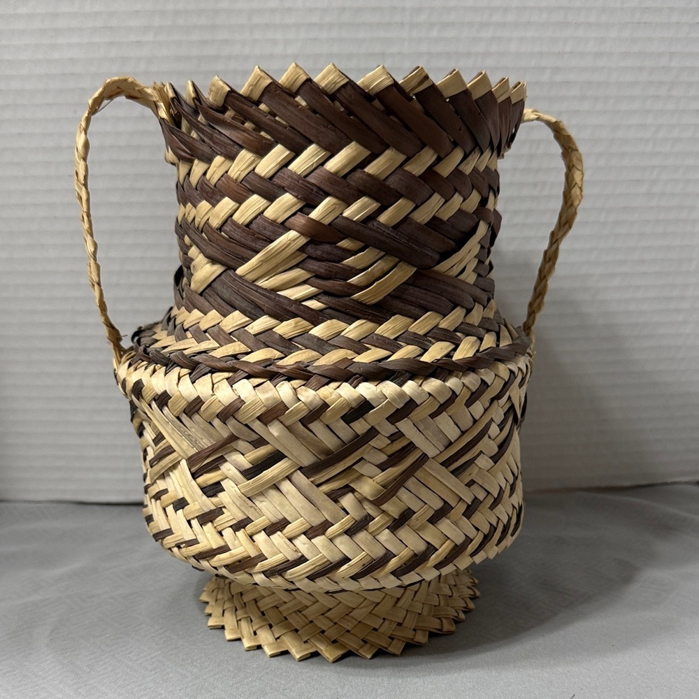 Vintage Handwoven Tarahumara Indian Basket with Handles Twilled Double Weave